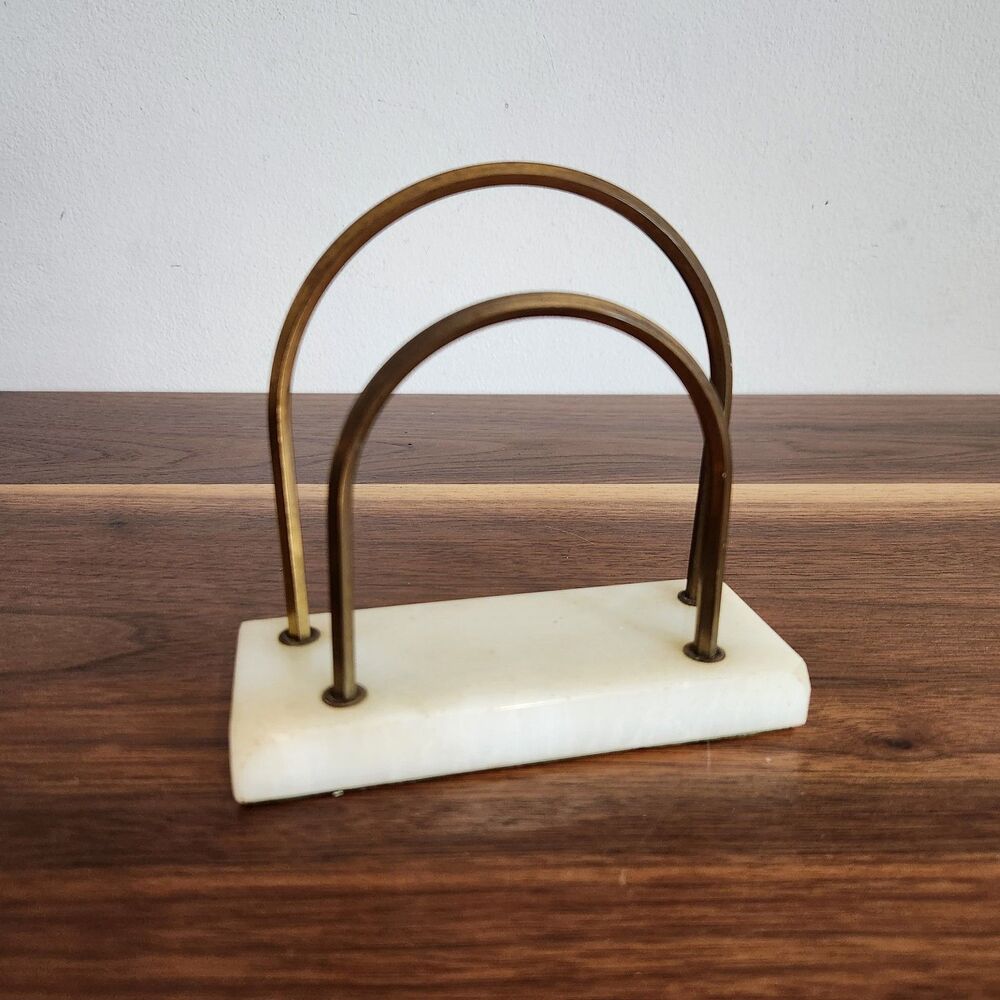 Vintage Art Deco White Onyx Brass Mail Papers Napkin Holder Desk Organizer